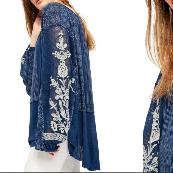 Free people indigo dreams long sleeve shear sleeves embroidered mixed media top - Picture 2 of 8